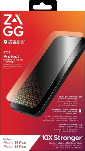ZAGG InvisibleShield Glass XTR3 iPhone 16/15 Screen Protector - Blue-Light Filtration, 10X Stronger, Scratch & Smudge-Resistant Surface, Edge-to-Edge Protection, Install Tray Included in Saudi Arabia