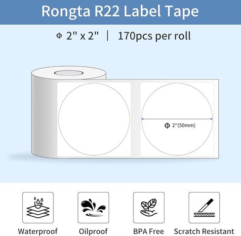 شريط الملصق Rongta لـ R22 ، استبدال شريط التسمية الحراري القياسي ، مقاوم للماء ، ملصق مقاوم للزيوت لوضع علامات تجارية صغيرة للمكتب المنزلي (أبيض ، جولة 2 '' (170 ملصقات/لفة)) in Saudi Arabia