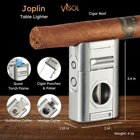 Visol Joplin Quad Torch Multi-Tool Table Lighter, Built in Guillotine and Wedge Cutters, Butane Refillable Adjustable Flame Lighter (Shipped Without Butane) (Blue) in Saudi Arabia