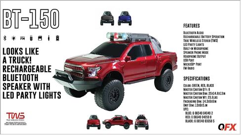 QFX Bluetooth 150 Pickup Truck Replica Speaker, 3-inch Speakers, Hands Free Link, Built-in Microphone, FM Radio and LED Party Lights, Red - BT-150-RED in Saudi Arabia