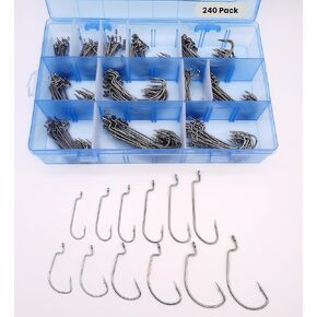 240-Pack Offset Worm Hooks Kit – Narrow & EWG Offset Hooks 6 Sizes (1# 1/0# 2/0# 3/0# 4/0# 5/0#) | 20pcs per Size, High-Carbon Steel, Laser-Sharp – Weedless Bass Fishing Hooks for Texas/Carolina Rigs