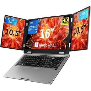 Triple Screen Laptop,16" Main + Dual 10.5" Monitors,Intel Core i7-1260P, 32GB RAM,2TB SSD, Windows 11 Pro,Wi-Fi 6,BT 5.2,Face & Fingerprint Unlock,USB-C,HDMI for Business/Design/Stock Trading