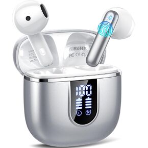 Wireless Earbuds, 2025 Bluetooth 5.4 Headphones in Ear Buds 3D Bass Stereo, 40H Ultralight Bluetooth Earbuds with 4 ENC Noise Cancelling Mic, USB-C LED, IP7 Waterproof Earphones, Silver