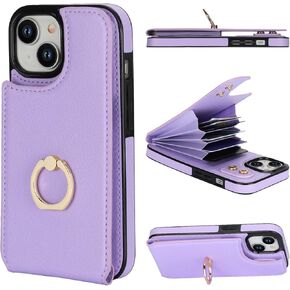 Folosu Compatible with iPhone 15 Case Wallet with Card Holder, 360°Rotation Finger Ring Holder Kickstand, RFID Blocking Leather Protective Double Buttons Shockproof Cover 6.1 Inch Rose Gold