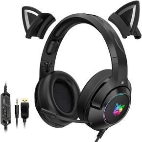 سماعات ألعاب الاستريو مع MIC للكمبيوتر الشخصي/PS4/PS5/Xbox One ، سماعات ألعاب سلكية مع مصباح LED RGB ، إلغاء الضوضاء سماعات الرأس مع صوت محيطي ، سماعات أذن القط القابلة للفصل للأولاد الرجال