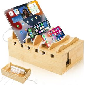 Bamboo Charging Station for Multiple Devices, Desktop Charging Organizer with Removable Divider Slots, Docking Stations Stand, Compatible with Tablets, iPads, Cell Phone, Laptop