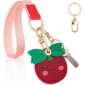 حامل سلسلة مفاتيح Airtag-Cate Kawaii Faux Leather Case 3-in-1 مع غطاء مفاتيح مخفي ، وحزام معصم قابل للفصل وفرقة اليد المضادة للخسارة ، وحالة حماية مضادة للخلع لـ Airtag (الفراولة)
