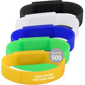Custom Wristband USB Flash Drives 100 Pack Bulk, Personalized Logo or Text - as Company Gifts and Promotional Giveaways - 2GB