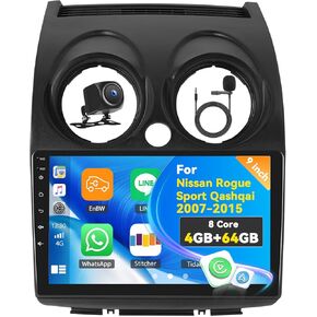 4+64G 8-Core Android 15 Car Stereo for Nissan Rogue Sport Qashqai 2007-2015 with Wireless CarPlay Android Auto, 9'' IPS Touchscreen with WiFi Mirror Link GPS Bluetooth FM RDS DSP EQ SWC