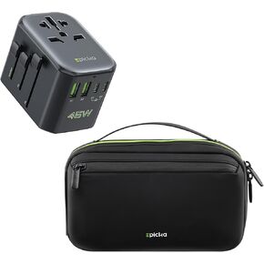 EPICKA Pulse 45W European Travel Plug Adapter with 1 AC & 3 USB-C & 2 USB-A Ports and Electronics Organizer Travel Case Tech Pouch for Cords, Charger, Adapter, Cables, Power Bank, Black