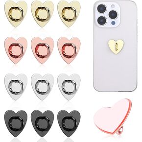 12 Pcs Cell Phone Finger Ring Heart Phones Grip, Adhesive Metal Phone Finger Grips Loop Stand Heart Grip Holder, Cute Hearted Cell Accessories Fingers Grips for DIY Phone-Case Pad Tablet