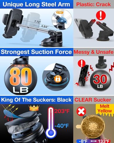 【من الدرجة العسكرية الحقيقية】 yru حامل هاتف سيارة 【تم ترقيته أقوى وقابلة للدوار كوب شفط】 تركيب الهاتف الخليوي للهاتف الزجاجي ، داش الشاحن in Kuwait