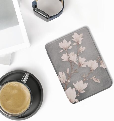 حالة Kwmobile متوافقة مع Kobo Clara BW/Color Case - غطاء Ereader - Magnolias Taupe/White/Blue Gray in Saudi Arabia