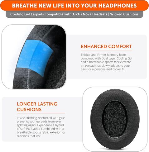 WC Earpad and Upgraded Silicone Headband Combo for Arctis Nova Headphones | Cooling Gel Earpads & Matching Design Headband for Epic Gaming | Black in Saudi Arabia