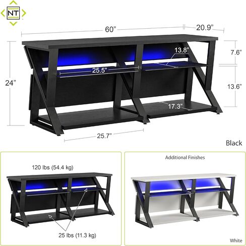 NTNESE Genesis Gaming TV Stand لأجهزة التلفزيون التي تصل إلى 70 "، وقصة تلفزيون إدارة الأسلاك ، ومركز ألعاب الترفيه ، وكهف مان ، وغرفة ألعاب ، وغرفة اللعب ، وأضواء RGB LED ، أبيض in Kuwait