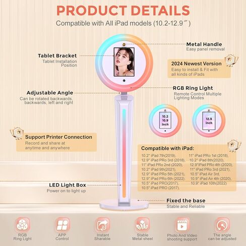 Portable Photo Booth Shell Stand for I Pad 10.2 "10.9" 11 "12.9" Control RGB Ring Ring Music Music Sync Box Metal Fashion Machine for Events Rental and Wedding (A2) in Kuwait