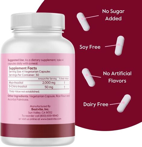 BESTVITE Myo & D-Chiro Inositol (120 كبسولة نباتية) - نسبة 40:1 - بدون ستيرات - نباتي - غير معدل وراثيًا - خالي من الغلوتين in Saudi Arabia