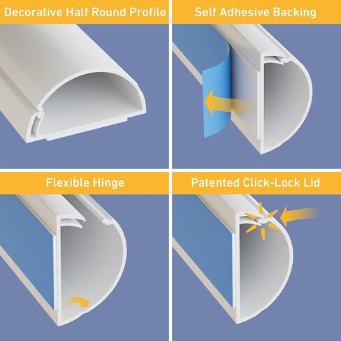 D-Line 15.7in TV Cord Hider, Patented Half Round Cable Cover, Hide Wall Mount TV Wires, Hinged One-Piece Cable Concealer, Adhesive, Decorative Raceway - 1.18in W x 0.59in H x 15.7in L - White in Kuwait