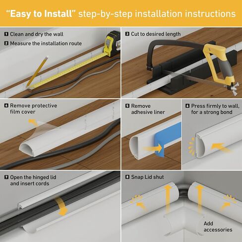 D-Line 15.7in TV Cord Hider, Patented Half Round Cable Cover, Hide Wall Mount TV Wires, Hinged One-Piece Cable Concealer, Adhesive, Decorative Raceway - 1.18in W x 0.59in H x 15.7in L - White in Kuwait