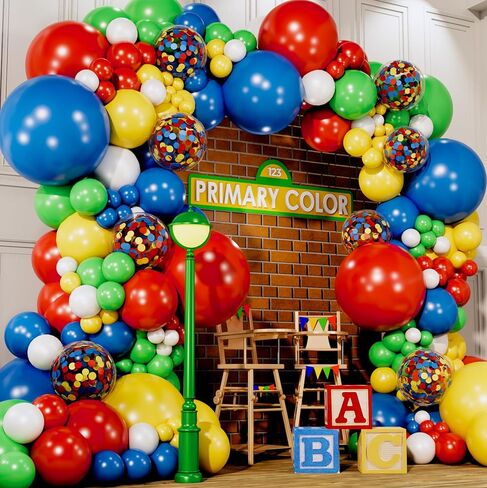 115pc, 3 size EASY DIY – Sesame Street Balloons Arch Kit & Garland – Small and Large Primary Color Red Blue Green Balloons – Lego Elmo Circus Carnival Super Mario Birthday Party Supplies & Decorations in Kuwait