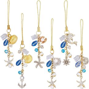 Sunnyclue 1 Box 6pcs Cheychain Charm Dust Slug Scarms Gold Phone Charms Hawaiii Sumer Ocean Phone Charm Strap Starffish Sea Shell سحر مضاد للمرض للنساء للبالغين ميناء ميناء ميناء