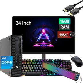 HP EliteDesk 800 G1 SFF Desktop PC with 24" FHD Monitor and RGB Speakers PC Set, Core i5, 16GB RAM, 256GB SSD, Mouse & Keyboard, USB WiFi, Windows 10 Pro (Renewed)