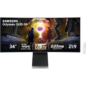 Samsung 34-Inch Odyssey QD-OLED G8 (G85SD) Series 4K Ultra-QWHD G-Sync Compatible Curved Gaming Monitor, 175Hz 0.03ms, Glare-Free Display, AMD FreeSync™ Premium Pro,Ergonomic Stand,LS34DG856SNXZA,2024