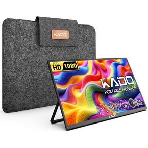 Kado 15.6" FHD Portable Monitor for Laptop, 1080p Second Display IPS 1920x1080 HDMI USB-C Laptop Screen Extender, Carrying Sleeve 180° Kickstand for PC, Mac, Dex, Tablet, Xbox, PS4/PS5, Switch
