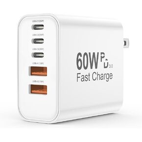 USB C Charger Block, 5 in 1 60W Charging Blocks, PD 3.0 25W Single Max Fast Charger, QC 2A USB Wall Charger for iPhone 16 15 14 13 12 11 Pro Max, iPad, iPod, Samsung, AirPods Pro, Apple Watch Series