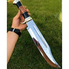Handmade 13 inches Crocodile Dundee Bowie Knife with sheath Mirror Polished D2 Steel for Outdoor, Camping, hunting, bushcraft, Horn and Leather Handle
