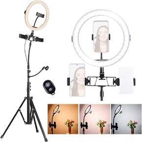K&F Concept Selfie Ring Light,11 inch(28 cm) Ring Light with 78.7 inch (200cm) Tripod and Phone Holders, 3 Color Modes, Bluetooth Remote Control Photography Lighting