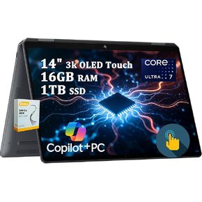 HP OmniBook Ultra Flip 2-in-1 Copilot+ AI PC Laptop | 14" 3k OLED Touch | Intel 8-core Ultra 7 256V (Up to 47 Tops) | 16GB RAM 1TB SSD | Intel Evo Fingerprint Backlit Keyboard Win11 w/DLCA Accessory