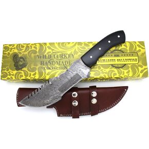 Wild Turkey Handmade Damascus Steel Collection Full Tang Tracker Style Knife w/Leather Sheath Hunting Camping Fishing Outdoors Sharp Blade