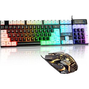 CHONCHOW LED Keyboard and Mouse, 104 Keys Rainbow Backlit Keyboard and 7 Color RGB Mouse, White Gaming Keyboard and Mouse Combo for PC Laptop Xbox PS4 Gamers and Work