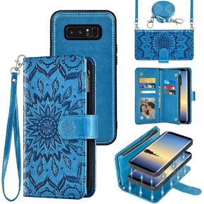 Asuwish Phone Case for Samsung Galaxy Note 8 Zipper Wallet Magnetic Detachable Cell Cover with Screen Protector Crossbody Lanyard Strap Flip Card Holder Slot Note8 SM-N950 6.3" (2017) Women Men Blue
