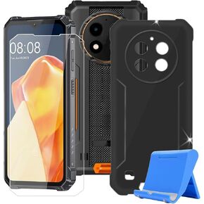 for Oukitel G1 (6.52") Phone Case + Screen Protector, Shockproof Cover Bumper Slim Soft Silicone TPU Anti-Scratch Case + Tempered Glass with Phone Holder - Black