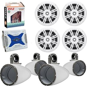 4 x Kicker 49KM604W 6.5" Boat Coaxial White Speaker Package + 4 Kicker 12KMTESW Marine White Tower Enclosure + Waterproof Bluetooth Amplifier with Amp Installation Kit