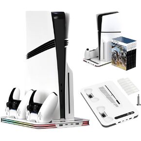 PS5 Pro/Slim/ PS5 Stand and Cooling Station with Dual Controller Charging Station for PlayStation 5 Console,Cooling Stand, PS5/Slim/Pro Accessories Kit with Cooler Fan,Games Slot.