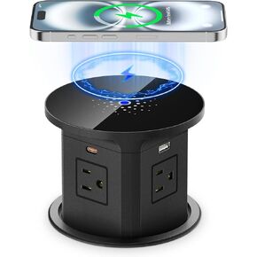 65W USB C Pop Up Outlet for Countertop, 9-in-1 Outlets with 10W Wireless Charging, 4 AC Outlets and 18W USB A Ports, Desk Recessed Power Strip with 14WAG 6FT Cords for Office, Black