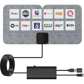 Five Star Ultra-Thin Amplified HD TV Indoor Antenna - 60 Mile Range, Foldable Fabric Wrapped Design for 4K 1080P VHF UHF Channels For Free Local Channels, NEXTGEN TV, Easy Setup with Wall/Window Mount