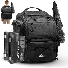 Fishing Backpack with Rod Holder & Foldable Net - 40L Fishing Tackle Backpack, 2 Tackle boxes, Hiking Bag with Waterproof Rain Cover, Extra Storage Compartments