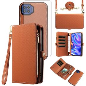 Asuwish Phone Case for Moto One 5G/One5G UW/Moto G G5 Plus Zipper Wallet Detachable Cell Cover with Tempered Glass Screen Protector Strap Flip Card Holder Motorola One Lite XT2075-1 Women Girls White