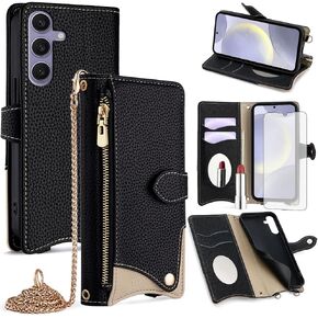 Asuwish Phone Case for Samsung Galaxy S24 Plus S24+ 5G Wallet Cover with Tempered Glass Screen Protector and Mirror Flip Cover Card Holder Slot Stand Crossbody Strap Cell S24plus 24S + S 24 24+ Pink