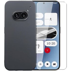 Case for Nothing Phone 2a + Glass Screen Protector Tempered Film - Transparent Silicone Soft Flexible Bumper Shockproof TPU Protective Cover Shell for Nothing Phone 2a (Black)