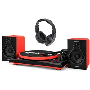 Gemini TT-900 Vinyl Record Player Turntable w/BluetoothwithDual Speakers TT-900BR Bundle with Samson SR350 Over Ear Closed Back Studio Reference Monitoring Stereo Headphones