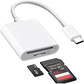 2 in 1 USB-C SD Card Reader Adapter, Compatible with Smartphones and Laptops, Supports SD/TF Cards up to 512GB, 14-16MB/s Transfer Speed, White