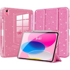 MoKo Case for iPad (A16) 11th Generation 2025/10th Gen 2022, Sparkly iPad 11/10.9 inch Case with Pencil Holder, Slim Stand Glitter Cover with Shiny Clear Back Shell, Support Touch ID, Glitter Pink