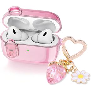 (with Safety Lock) Compatible with Airpods Pro 2nd/1st Generation Cases Women Girls, Cute Soft TPU Clear Case Cover for Apple AirPods Pro 2 Case with Strawberries Keychain for Airpod iPod Pro 2/1