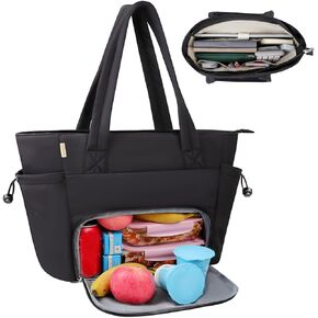 Work Laptop Tote Bag for Women with Insulated Lunch Compartment, Lightweight Puffy Lunch Tote Bag with 15.6 Inch Laptop Compartment, Quilted Laptop Bags for Office Commuter Teacher Nurse Black