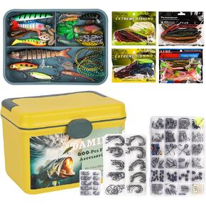 ‎DAMIDEL 600 Pcs/Box Fishing Kit-Fihing Hooks,Sinkers, Swivels Snaps,Top Water Lure,Spoons,Soft Lures,Jig Heads, Frogs, Minnow, Accessories Equipment- Saltwater Freshwater Bass Bait Gear